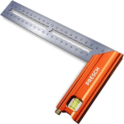 Image de Presch Équerre de Menuisier 200mm Petite Avec jauge (20cm), niveau à bulle et pointe marquage 90 45 degrés a chapeau, precision charpentier