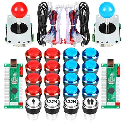 Image de EG STARTS USB Arcade DIY Kit Partie 2x 8 Way Joystick + 16x LED Bouton poussoir lumineux 2 joueurs boutons de pièce pour Raspberry Pi 3B Modèle Projet Rouge &amp; Bleu