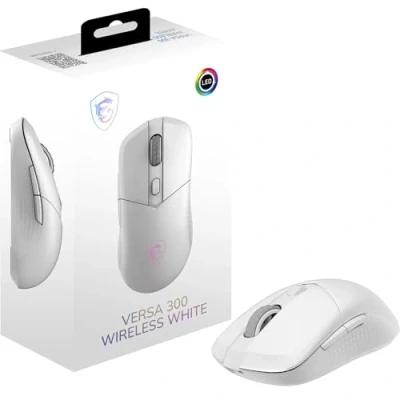 Image de MSI VERSA 300 WIRELESS WHITE Souris Gaming Capteur Optique 8000 DPI, taux de Rapport 1000 Hz, symétrique, Micro switches Kailh 30M+ clics, 6 Boutons, Batt. 50h, Latence 1ms, RGB, 60g avec/sans Fil