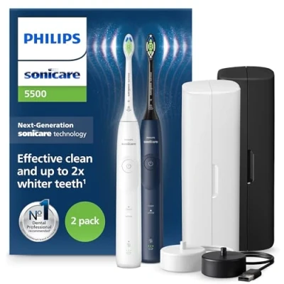 Image de Philips Sonicare 5500 Brosse à dents électrique sonique avec 2 modes, Alerte de pression, EasyStart, SmarTimer et BrushPacer, Blanc Bleu marine, Pack 2, modèle HX7119/01