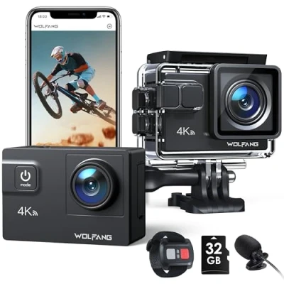 Image de WOLFANG Caméra Sport WiFi 4K 60FPS GA300, Caméscope 8xZoom 24MP, Aquatique Submersible 40M avec Micro Dual, 170 Grand Angle EIS Amélioré 2.4G Télécommande 2x1350mAh Batteries