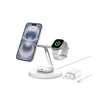 Image de Belkin BoostCharge Pro Station de Recharge 3 en 1 avec Qi2 (15 W, MagSafe, pour Tous Les modèles l&#039;iPhone 16, 15, 14 et 13, AirPods, l&#039;Apple Watch, etc., Adaptateur Secteur Inclus, Blanche)