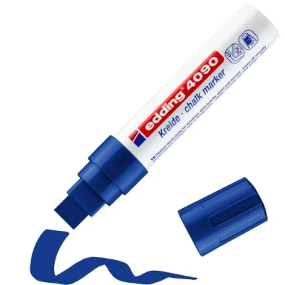 Image de edding 4090 Marqueur craie liquide bleu 1 feutre pointe biseautée 4 15 mm effacable pour écrire sur les vitres,le verre ardoise aux couleurs opaques