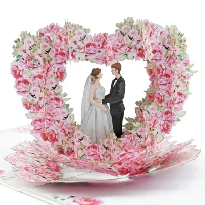 Image de Favour pop Up® Carte de mariage 3D Couple mariés dans un cœur roses cadeau d&#039;argent pour lune miel vœux insolite up