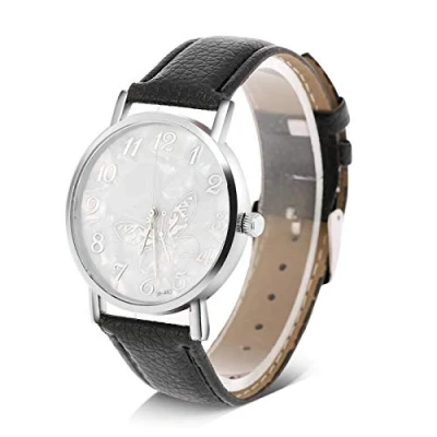 Image de DAUERHAFT Montre analogique pour Femme, à Quartz Femme élégante la Mode, avec Bracelet en Cuir PU, Plaque de Cadran Forme Papillon, Femme(Noir)