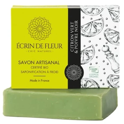 Image de Écrin de Fleur Savon Gourmand Rafraîchissant Citron Vert et Poivre Noir Bio Certifié Saponifié à Froid, 1x90g