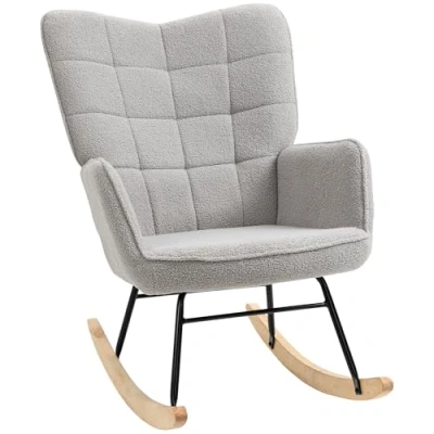 Image de HOMCOM Fauteuil à Bascule, Rocking Chair, revêtement en Imitation Cachemire, Allaitement, Chaise basule, Structure Acier, Pieds Bois Massif, Gris Clair