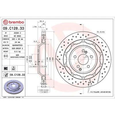 Image de BREMBO 09.C128.33 disque de frein 360 26 5 ventilé l&#039;intérieur, fendu/perforé, en deux parties revêtu à haute teneur carbone