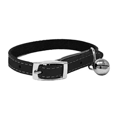 Image de Collier pour chat en cuir véritable avec élastique de sécurité, clochette, disponible (noir)
