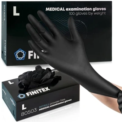 Image de FINITEX Gants Jetables Noirs en Nitrile L, 5.0g/pcs, 100pcs, sans Poudre Latex pour Aliments Nettoyage Tatouage Jardinage Examen Médical, 5mil