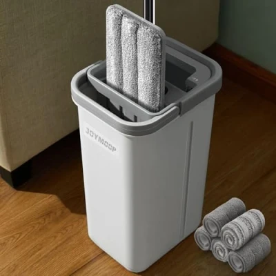 Image de JOYMOOP Serpillère plate et seau avec essoreur, 5 lingettes en microfibre lavables, utilisation humide sèche, système de nettoyage du sol