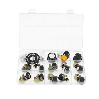 Image de (Paquet de 10) WH148 Potentiomètre horizontal simple tour à 3 broches B100R 100 Ohm Résistances variables Axe moleté 15mm Capuchons bouton en alliage d&#039;aluminium