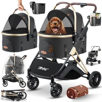 Image de LOVPET® Poussette Pour chien 3 en 1 Grande roue Pliable à 360 Avec fenêtre filet et housse de protection contre la pluie petits chiens chats