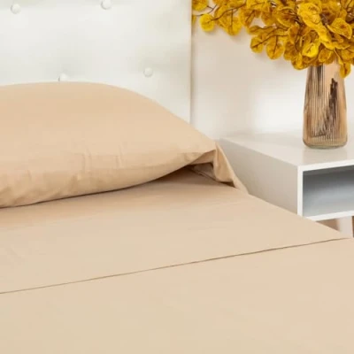 Image de TRAMAS+ Drap Double 160x200, 100% Coton, Linge de lit, et 2 taies d&#039;oreiller, Standard 100 by Oeko TEX Sand Beige