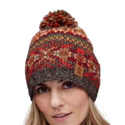Image de Pachamama Bonnet à pompon en laine pour femme avec doublure polaire Marron Motif jacquard multicolore taille unique Fait la main Commerce équitable, Multicolore,