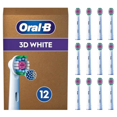 Image de Oral B Pro 3D White Brossettes Blanches De Rechange, Rondes Pour Éliminer Les Taches En Surface Des Dents, Compatibles Avec Brosses Électriques Sauf iO et Pulsonic, Lot 12 Têtes Recharge