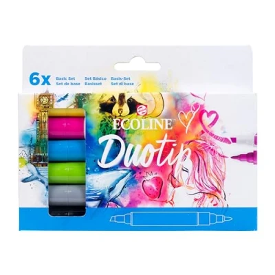 Image de Ecoline Duotip Marqueur à Aquarelle Liquide Set de 6 Couleurs basiques Stylos double pointe, feutre fin et pointe biseautée large