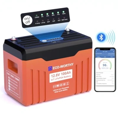 Image de ECO WORTHY Bluetooth Batterie Lithium 12V 100AH Lifepo4 avec Protection Basse température et 100A BMS,1280Wh pour Camping Car, Panneau Solaire, Kit Bateau, Moteur Trolling