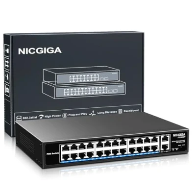 Image de commutateur PoE 24 port non géré, PoE+@400W, 2 de liaison montante Gigabit, réseau Power Over Ethernet NICGIGA 26 port, mode VLAN, extension 250m, montage en rack 19 pouces