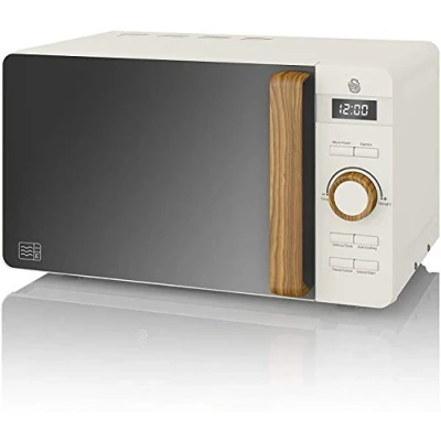 Image de Swan Four à micro ondes numérique Nordic 20 L, 6 niveaux de puissance, 800 W, minuterie 30 minutes, nettoyage facile, mode dégivrage, design moderne, poignée effet bois, blanc mat