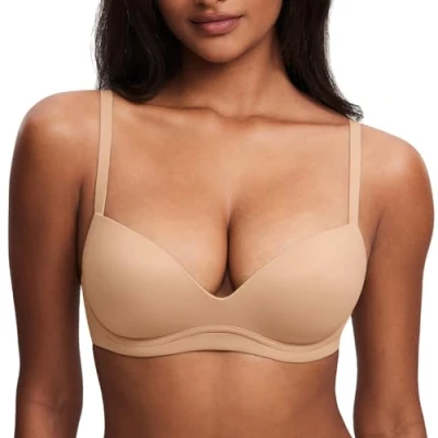 Image de DOBREVA Femme Soutien Gorge Push Up sans Armature Invisible Decollete Plongeant Confortable Beige Chaud 100D