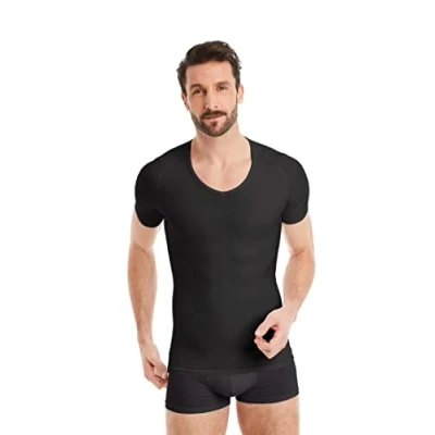 Image de FINN T Shirt Gainant pour Hommes avec col en V Maillot de Corps Shapewear à Manches Courtes Coton Compression Body Shaper Un Ventre Plus Plat Noir 3XL