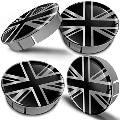 Image de Biomar Labs® 4 x 60mm ABS Plastique 3D Drapeau Britanique Royaume Uni GB UK Union Jack Noir Argent Cache Moyeu Capuchons de Centre Enjoliveurs Roue Voiture Moyeux Jante Universel CS 17