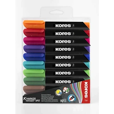 Image de Kores K Marker XP2 : Marqueur permanent de couleur, pointe biseautée, encre imperméable et à faible odeur, pour toutes les surfaces, lot 10 couleurs assorties