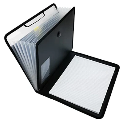 Image de D.RECT Porte documents en lot de 7 compartiments A4 Extensible Portable Avec élastique rond bouton fermeture Noir