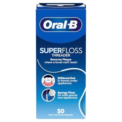 Image de Oral B Superfloss Lot de 2 Fils dentaires pour appareils dentaires, bridges et implants préfabriqués une utilisation facile Fil dentaire les endroits difficiles d&#039;accès
