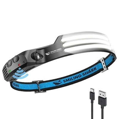 Image de Smiling Shark Lampe Frontale, 230Angle Large 3*LED Bandes Lumineuses Blanches la Headlight Rechargeable avec Capteur de Motion Étanche pour le Camping Randonnée, Frontale LED Light