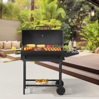 Image de casa.pro Chariot de Barbecue au Charbon Bois avec Thermomètre Couvercle Système Ventilation Cuisson Précise Acier Inoxydable Plastique 95 x 108 61 cm Noir