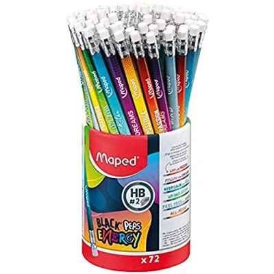 Image de Maped 72 Crayons Graphite Black’Peps Energy HB Embout Gomme à Papier avec Messages Inspirants Pot de Fantaisie