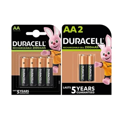 Image de 6 piles rechargeables Duracell AA 2500 mAh (1 blister de 4 + 1 ampoule 2 batteries)