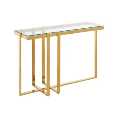Image de Console en verre trempé et acier inoxydable chromé Transparent doré VELETIA de Pascal Morabito