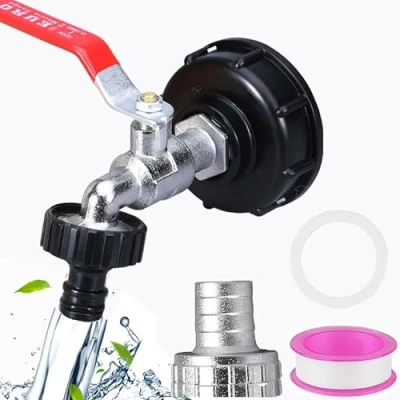 Image de hufhnwso Accessoire de réservoir d&#039;eau 1000 l, citerne pluie robinet d&#039;écoulement IBC, pour conteneur avec à boisseau sphérique 3/4&quot;, adaptateur raccordement