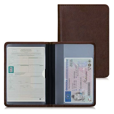 Image de kwmobile Porte permis de conduire carte grise avec compartiments cartes passeport Étui portefeuille protection en simili cuir brun foncé