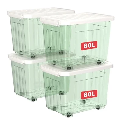 Image de Cetomo Lot de 4 boîtes rangement en plastique 80 l x cm, vert clair, boîte avec couvercle durable et boucles verrouillage sécurisées, empilables emboîtables, boucle