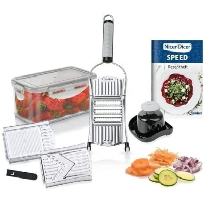 Image de Genius Nicer Dicer Speed Set de 9 râpes multifonctions Coupe légumes avec 3 inserts, porte aliments et bac récupération 550 ml râpe à parmesan, julienne en V