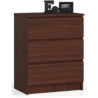 Image de AKORD Commode K60 avec 3 tiroirs Classique pour La Chambre, Salon Meuble de Rangement L60 x H77 P40 cm Poids 25 kg Wengé