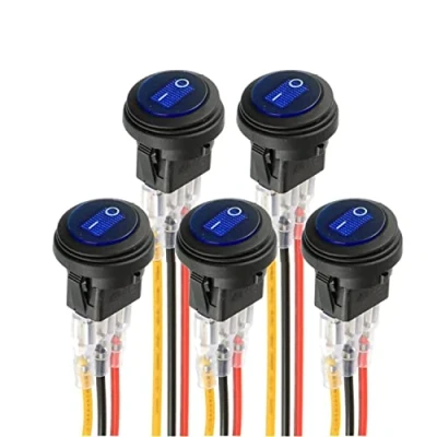Image de HUAREW bleu LED interrupteur rond électroluminescent KCD1 8 à bascule étanche 12V 20A marine et divers éclairage 3 broches avec commande par fil (5pcs)