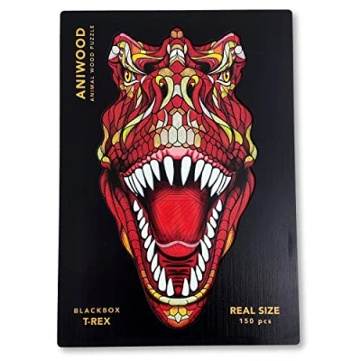 Image de ANIWOOD Puzzle en Bois Forme d&#039;animal. Couvercle découpé à la Taille réelle du Puzzle. Contient des pièces Uniques d&#039;animaux (T Rex, M)