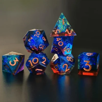 Image de Dés DND Set 7 pièces Résine Polyédriques Sharp Edge Dice Faits à la Main pour Donjons D4 D6 D8 D10 D12 D20 D% Dragons MTG Ttrpg Pathfinder RPG Jeu de Role avec Boîte Cadeau