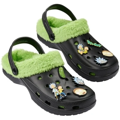 Image de Rick and Morty Sabots Homme d&#039;hiver avec Charms Amovibles Chaussures de Jardin Chaudes (Noir/Vert, 44/45 EU)