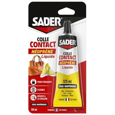 Image de Sader Colle Contact Néoprène Liquide Extra Forte Tous Matériaux Prise Immédiate Idéale pour Surfaces Horizontales Applicable au Pinceau Tube de 125 ml