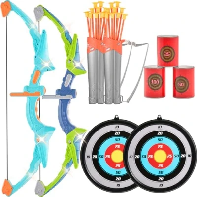 Image de VEVOR Pijl en boogset voor kinderen, LED verlichting, boogschietset, 2 stuks, 20 pijlen, doelen