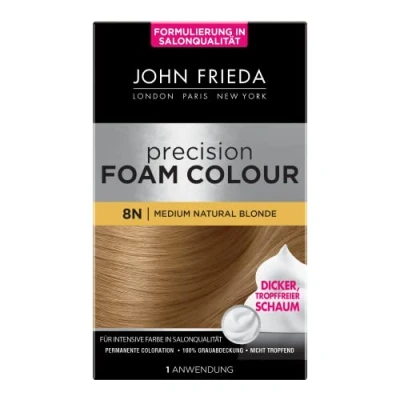 Image de John Frieda Precision Foam Colour Couleur : 8N Medium Natural Blonde Blond moyen Coloration permanente sous forme de mousse Couverture parfaite et uniforme Pour 1 application