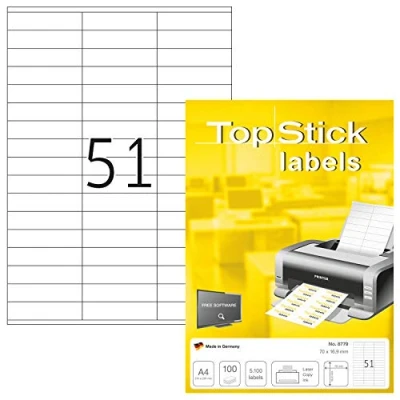 Image de TopStick Pochette de 5100 étiquettes autocollantes multi usages (70 x 16,9 mm) Personnalisables et imprimables, Impression laser / jet d&#039;encre, (8779)