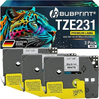 Image de 3 Bubprint Ruban pour Étiqueteuse Compatible Brother TZE 231 P Touch 1000 1010 1250 1280 1290 D200VP D400 D400VP H100LB H101C H105 H105WB P700 900 12mm