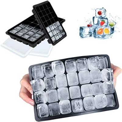 Image de LessMo Bac à Glaçons, 2 PCS pour Glaçons en Silicone avec Couvercles Anti éclaboussures,Flexibles, Faciles Extraire des Convient les Cocktails, le Whisky (Noir)